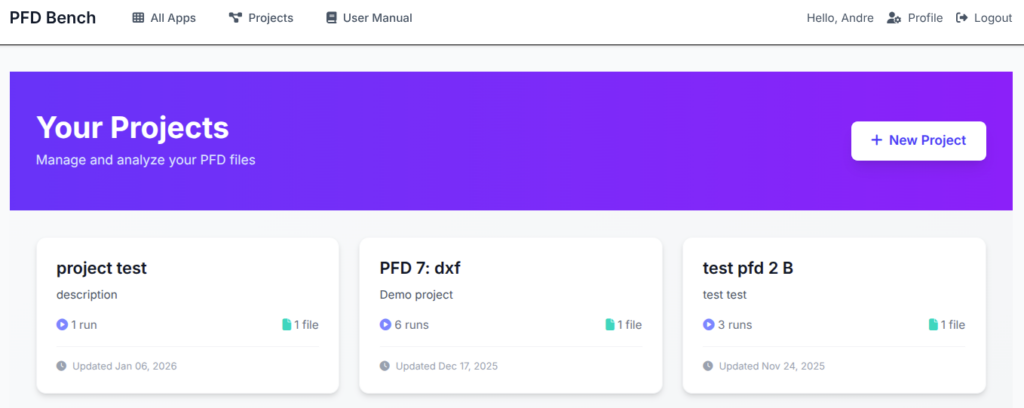 Initial view of PFD Bench, with projects organized by tiles.